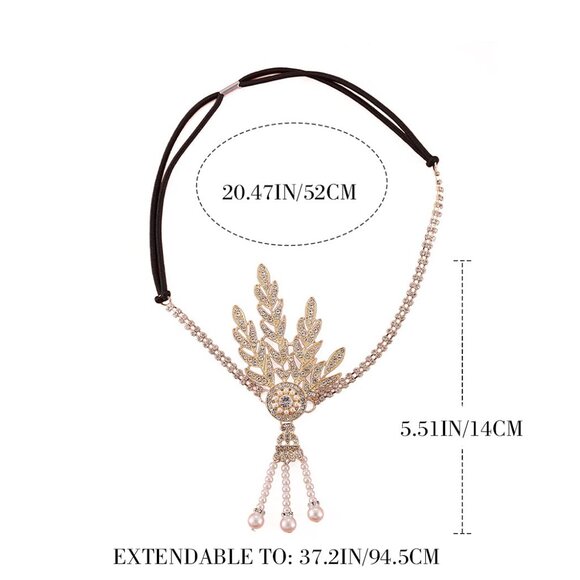 1920's Flapper Headband Leaf Rhiestones Headpiece Pearl Tassel Headdress Bride W - Picture 3 of 7